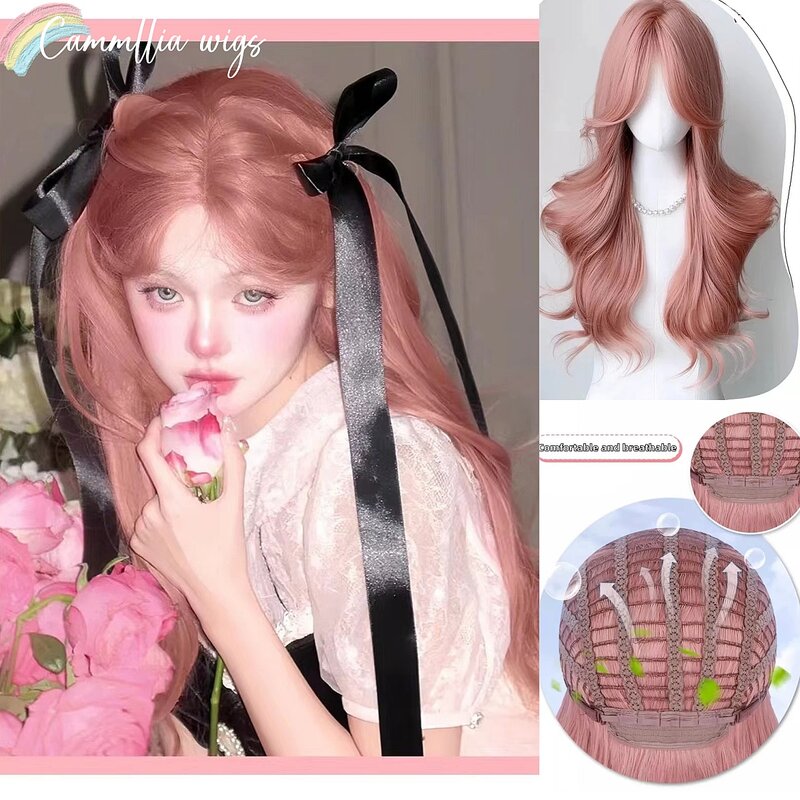 Peluca sintética de Lolita para mujer, pelo largo y ondulado, color rosa, diadema de onda natural dulce, Cosplay