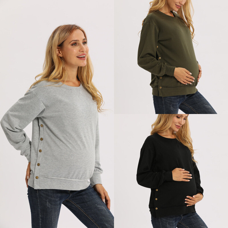 Odzież dla matek w ciąży europejska i amerykańska poliester z długimi rękawami macierzyństwo luźne jednolite swetry Autunm zimowe ubrania damskie