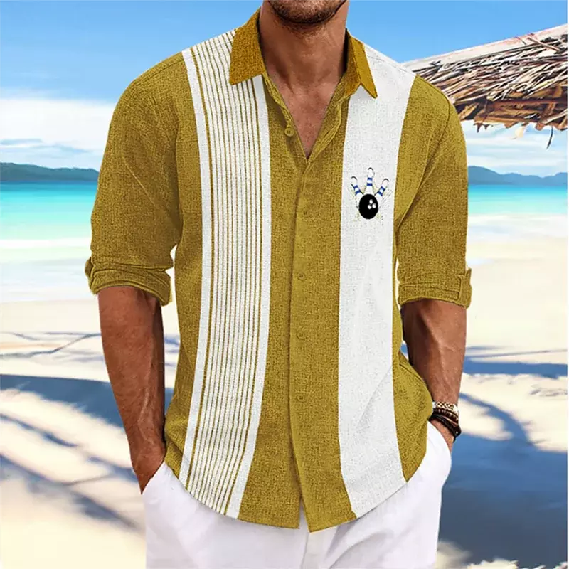 قمصان هاواي للرجال بأكمام طويلة ، نمط بولينج مخطط عتيق ، قمصان طية صدر عصرية ، فستان عطلة ،
