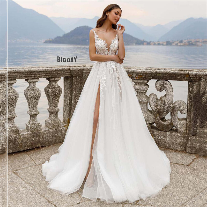Gaun pengantin A-Line elegan gaun pengantin wanita tali Spaghetti punggung terbuka gaun pengantin renda belahan Sweetheart Vestidos De Noiva