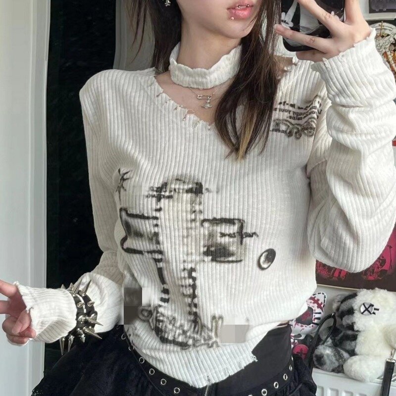 Deeptown Gothic Y2k Women's Kint Sweater Long Sleeve Pullovers Harajuku Graphic Knitwear Spring Slim Jumper Japanese 2000s Style