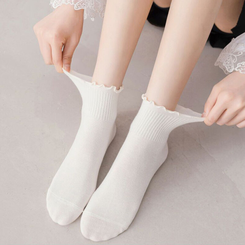 Kaus kaki lipit untuk wanita isi 5 pasang, Kaos Kaki katun Harajuku motif lukisan gadis Jepang gaya Lolita Frilly hitam putih untuk wanita isi 5 pasang