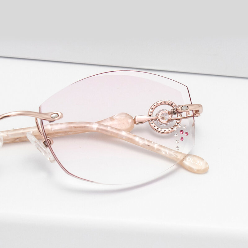 Kacamata Baca Miopia Lensa Warna Mewah Bingkai Kacamata Titanium Tanpa Bingkai Pemotongan Berlian untuk Wanita