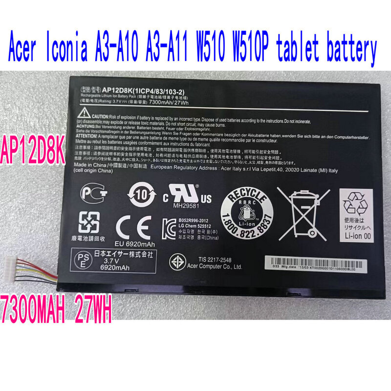 3.7V 27Wh Nouvelle Batterie AP12D8K Pour Acer Iconia A3-A10 A3-A11 Wouvriers W510P Tablette PC