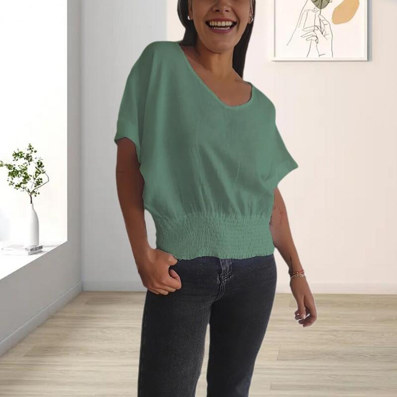 Regular Fit V-neck T-shirt Solid Color V-neck Pleated Hem Women's Summer T-shirt Streetwear With Elastic Short Sleeves Loose Fit