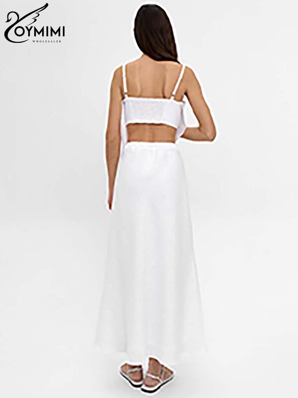 Oymimi Summer White Cotton Two Piece Sets For Women Elegant Spaghetti Strap Open Back Tops And High Wiast Simple Skirts Sets
