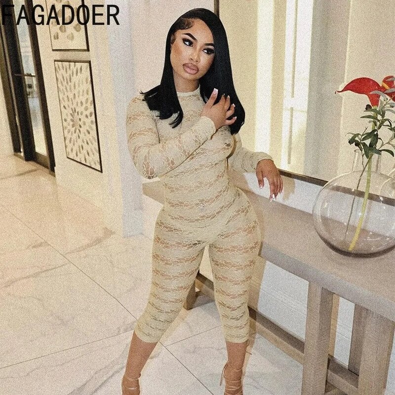 FAGADOER Apricot Sexy Lace Backless Bodycon Rompers Women Round Neck Long Sleeve Slim Jumpsuits Female Solid Slim Overalls 2024