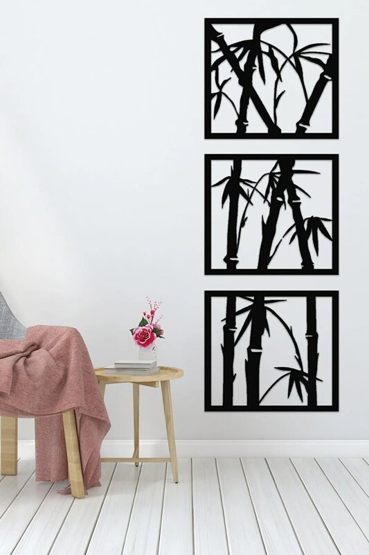 Árboles de bambú con marco Triple, producto de decoración de pared cortado con láser negro