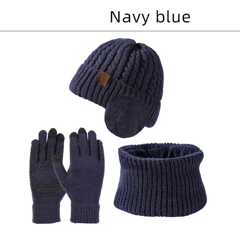 Conjunto de luvas de chapéu e cachecol masculino, gorro de malha, luva grossa e quente, exterior, à prova de vento, 3 peças, inverno