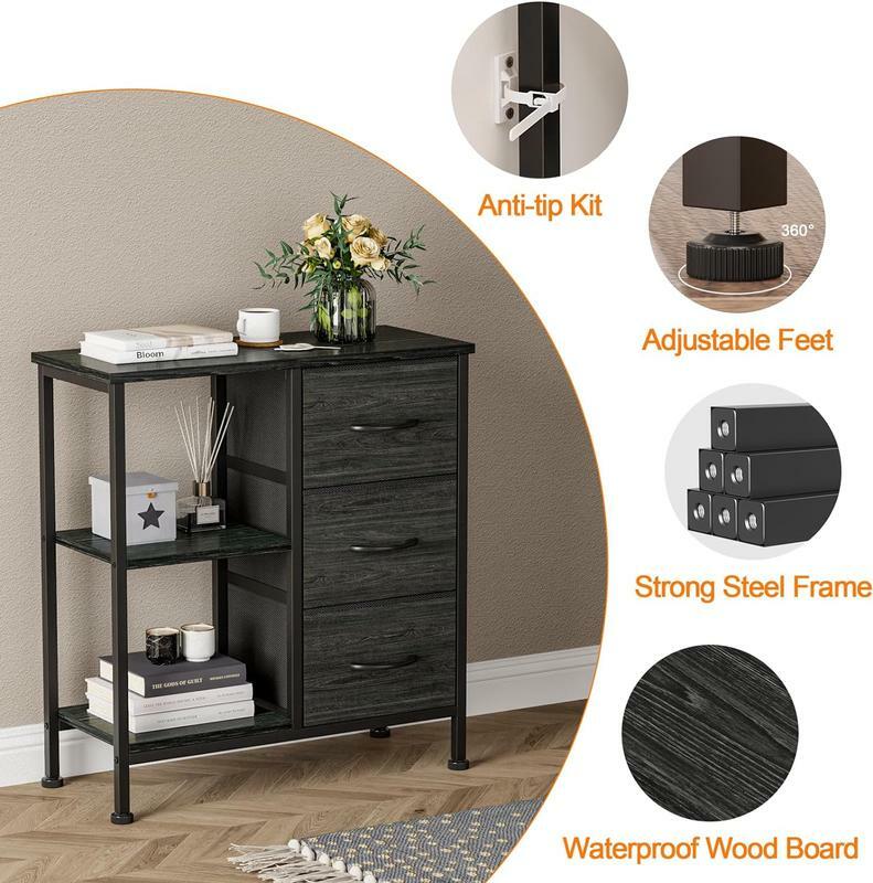 3 Drawer Dresser for Bedroom, Small Nightstand Beside Table with Side Shelf, Fabric Dresser Organizer Storage for Bedoom, Entryw