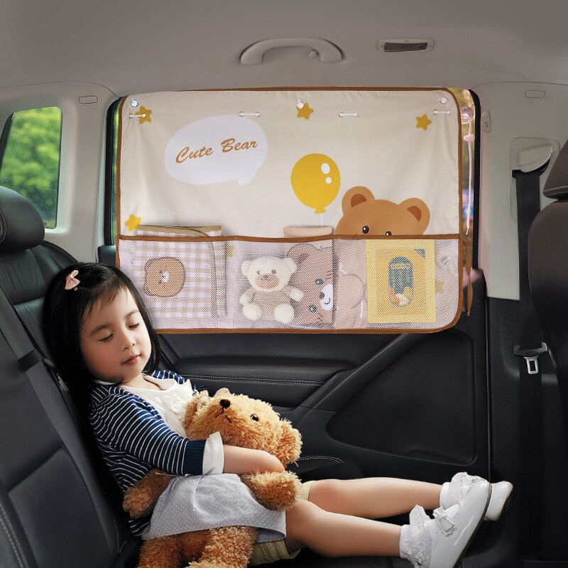 Cortina de ventana de coche con bolsa de almacenamiento, parasol de dibujos animados, oso, conejito, asiento de coche para niños, cortinas de aislamiento de protección solar