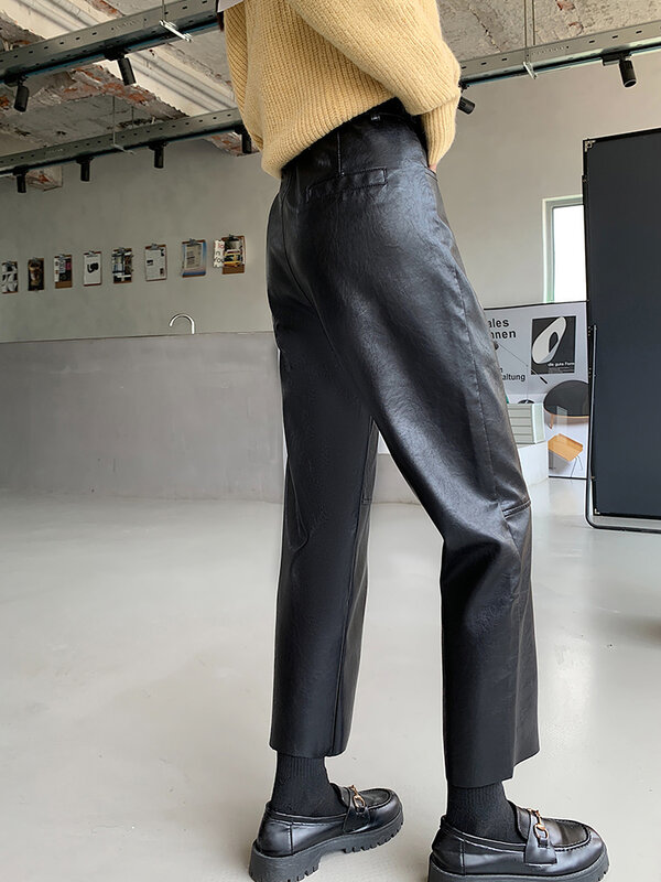 Black PU Leather Pants Women 2022 Autumn Winter New High Waist Drape Cropped Trousers Casual Straight Suit Pants