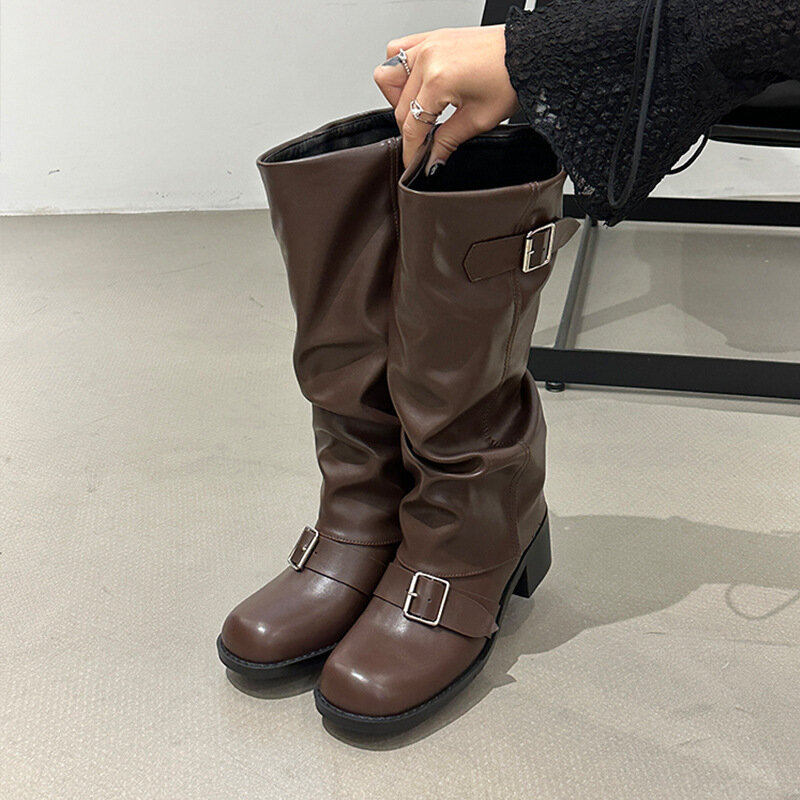 Women's Chunky Knee-high Boots 2024 Thigh-high Boots Round Toe Western Knight Boots