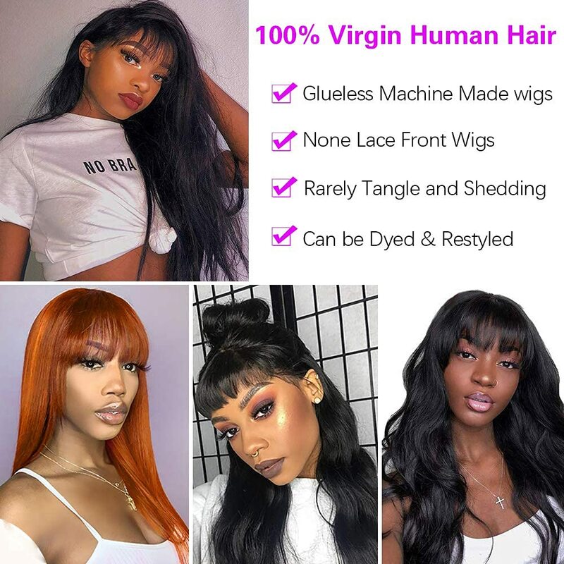 Brazilian Human Hair Wig With Bangs Full Machine Made Straight Fringe Wigs for Women 30 Inch Remy Human Hair Wig