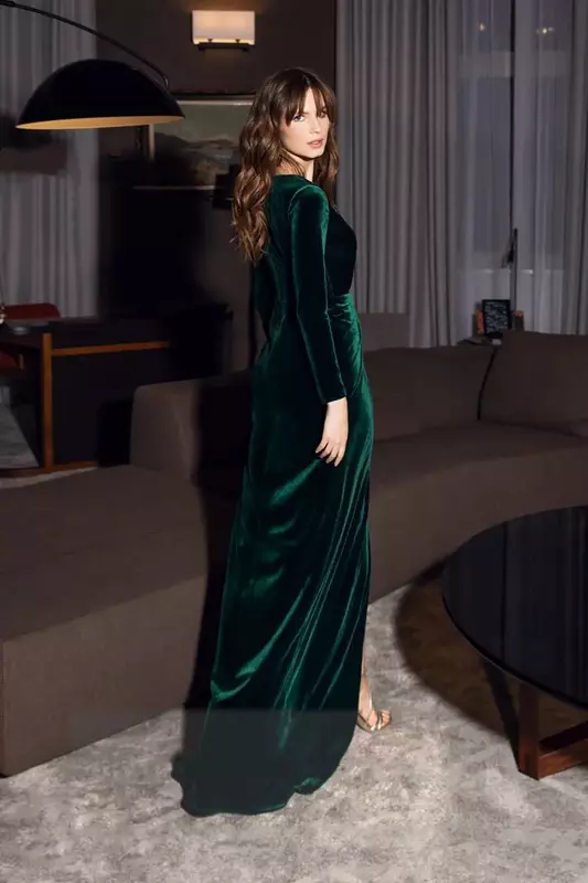 Green velvet V-neck straight long sleeve pleated women's party custom robe low slit floor dance formal occasion evening dress