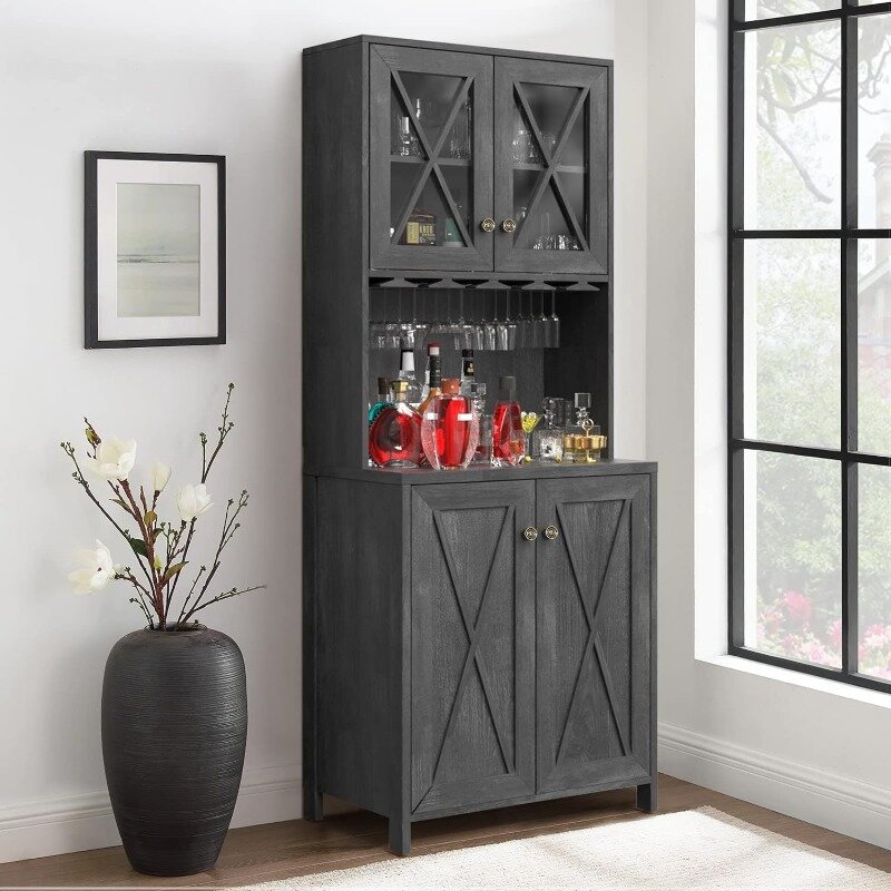 YITAHOME Farmhouse Bar Cabinet for Liquor and Glasses, Dining Room Kitchen Cabinet with Wine Rack, Upper Glass Cabinet