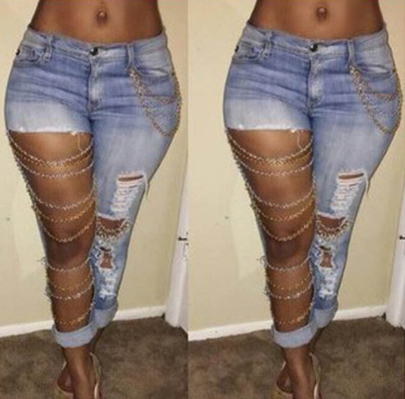 Celana panjang Denim wanita, Jeans rantai lubang berongga seksi menggantung meregang kaki kecil musim panas