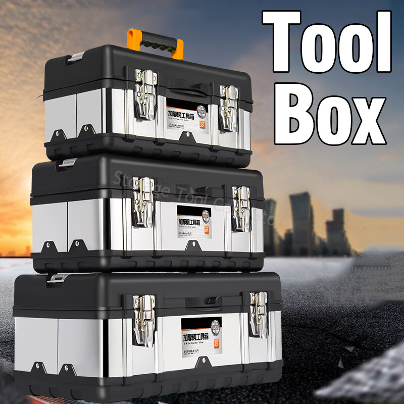 Aço inoxidável Tool Box Mala, Double Layer Toolbox, Vazio Grande Ferramentas Caixa De Armazenamento, Metal Portátil Ferramenta Organizadores