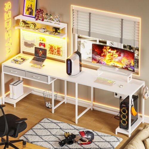 L Shaped Gaming Desk com luzes LED, Pegboard e gavetas, mesa do computador canto