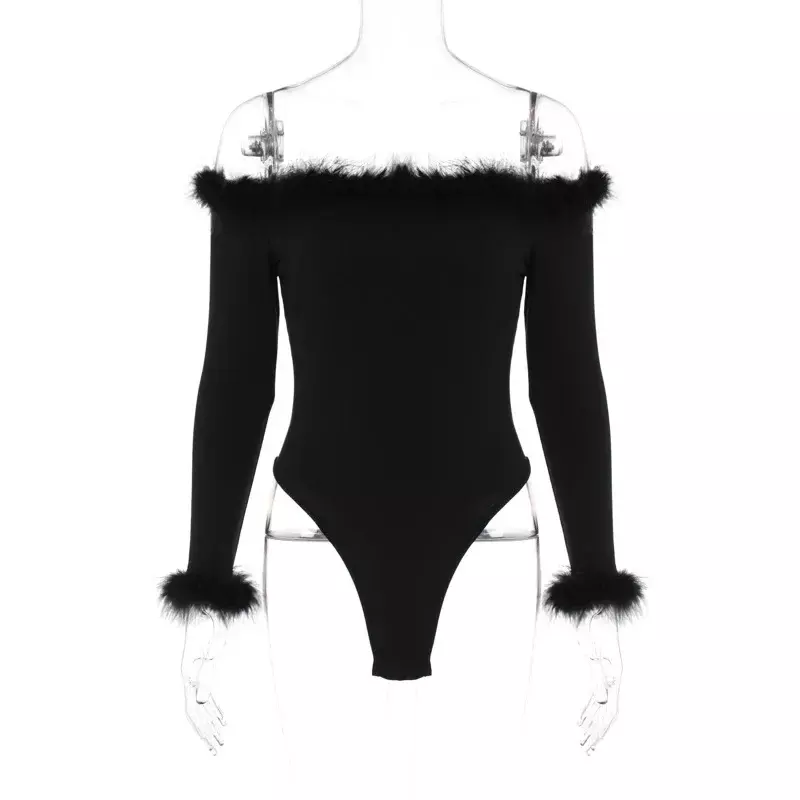 2024 New Bodysuits for Women Elegant One Piece Slim Tops Bodysuit Clothes Fashion Feathers Sexy Long Sleeve Off Shoulder YXQ08