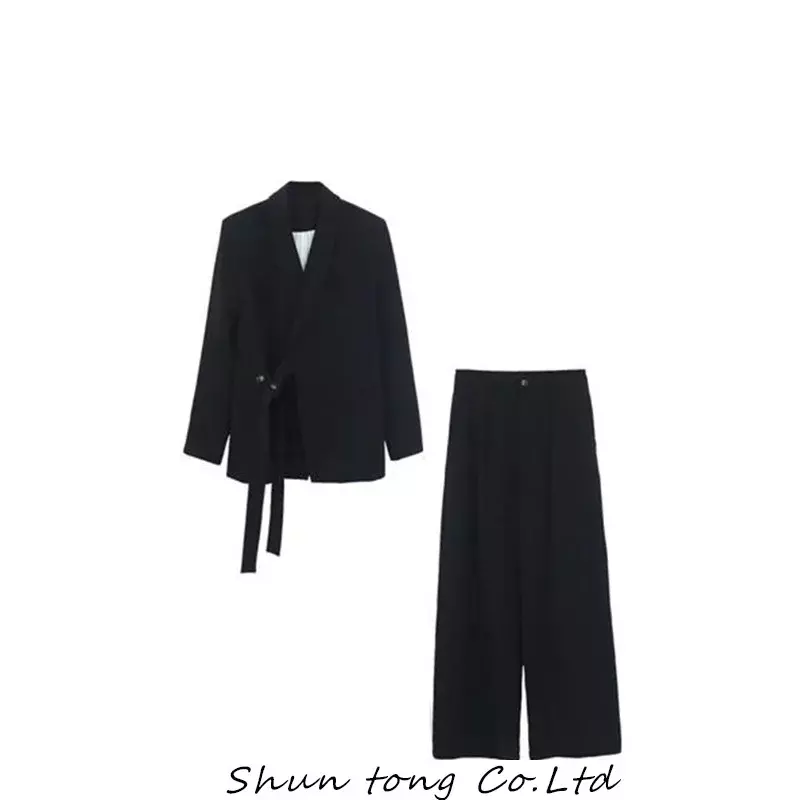 Office Lady Blazer Set Elegant Lace Up Long Sleeve V-neck Coat High Waist Straight Pant Suit 2023 Casual Loose Autumn Women Sets