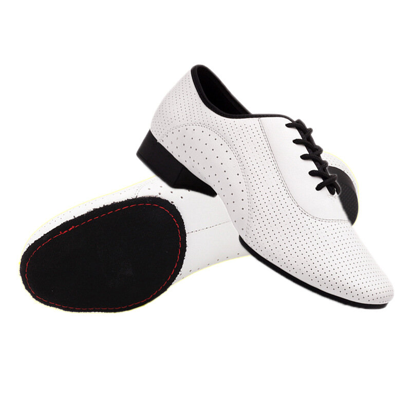 Scarpe da ballo moderne da uomo in vera pelle bianca scarpe da ballo quadrate latine con tacco basso in gomma scamosciata per interni a due punti