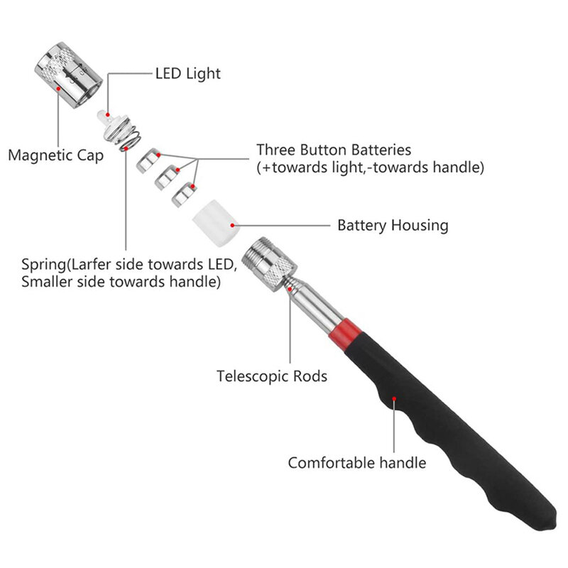 Bolígrafo magnético telescópico con luz, Mini herramienta de recogida magnética portátil, varilla de recogida extensible, palo para recoger tornillos, Perno de tuerca
