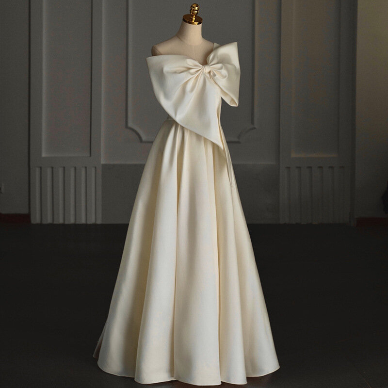 Gaun pengantin satu bahu mode dengan pita besar gaun pengantin panjang tanpa lengan elegan gaun pesta pernikahan nyaman Satin gaun Prom