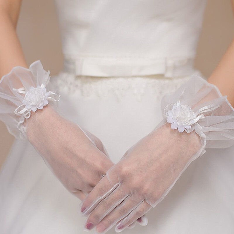 قفازات صغيرة بيضاء أقحوان الدانتيل ، شبكة قصيرة ، الزفاف الزفاف ، 1 زوج