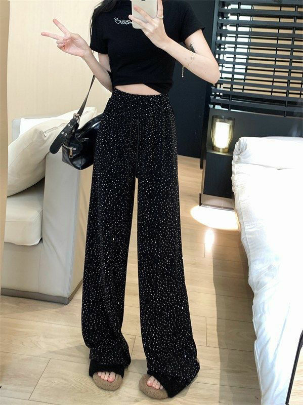 Heavy Industry Diamond Inlaid Lazy Casual Women's Summer Ice Silk Loose and Draping Design Straight Tube Floor Dragging Pants