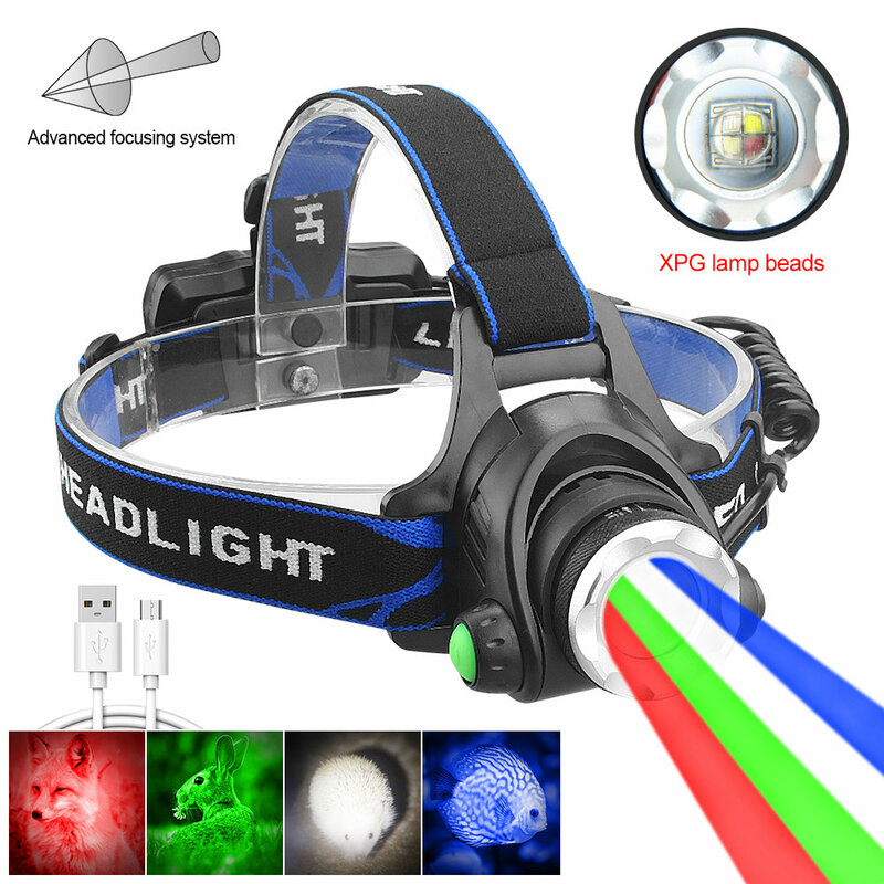 Linterna LED con Zoom para cabeza de caza, linterna de cabeza de 4 colores, fuente de luz recargable por USB, para acampada y Pesca