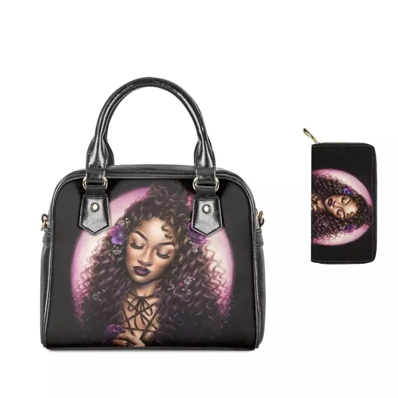Black Art African American Girl Printing Women Leather Shoulder Handbag  Wallet Ladies Casual Top-handle Bag Crossbody 2/Set