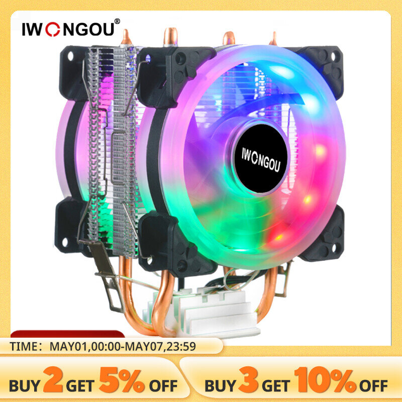 IWONGOU-enfriador de procesador X99 LGA2011, radiador de 2 tubos de calor de 90mm, ventilador RGB, CPU de refrigeración de 3 pines para Intel LGA 2011/1366/1700/AMD/1156