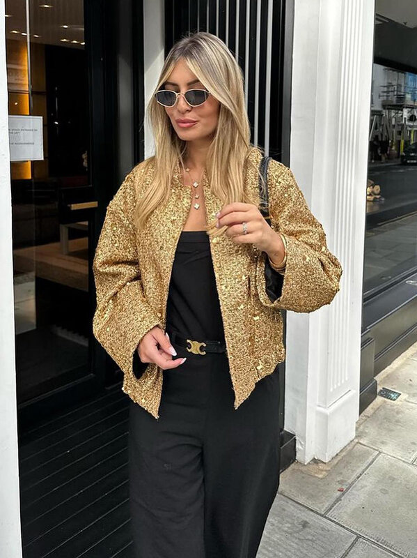 HH TRAF Autumn Sequins Golden Loose Jacket for Women Sparkle Long Sleeve Casual Bomber Jacket with Pockets Female Fashion Coats
