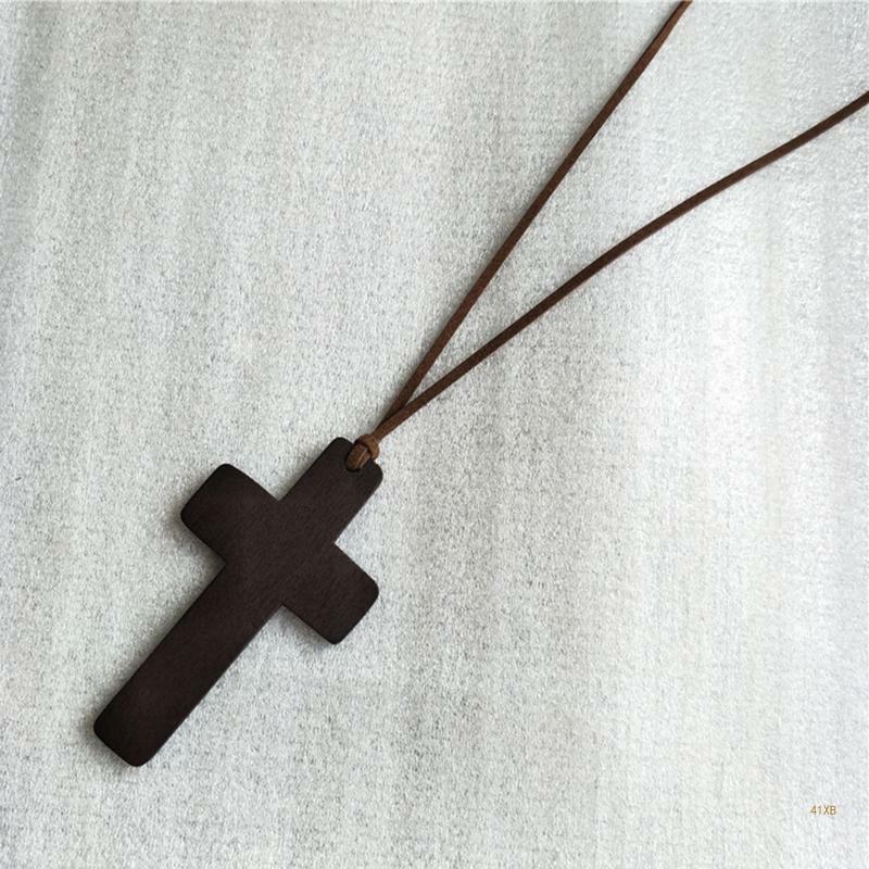 Corde rétro pour hommes femmes, marron pour pendentif croix, cou en bois religieux chrétien, 41XB