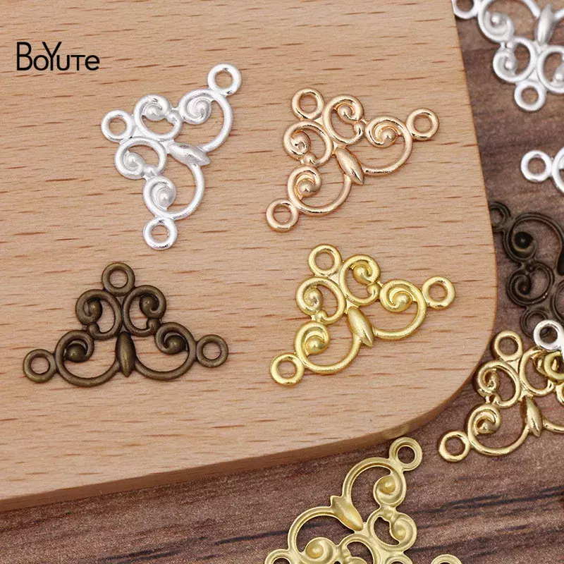 BoYuTe (200 Pieces/Lot) 18*10MM Metal Brass Filigree Plate with 3 Loops Connector Charms DIY Jewelry Accessories Parts