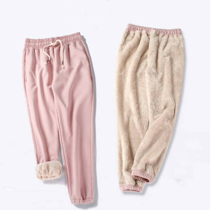 Zimowe damskie spodnie haremowe ze sznurkiem z polaru długie grube spodnie dresowe Y2K spodnie do biegania sportowe spodnie codzienne jednolity kolor ciepłe spodnie