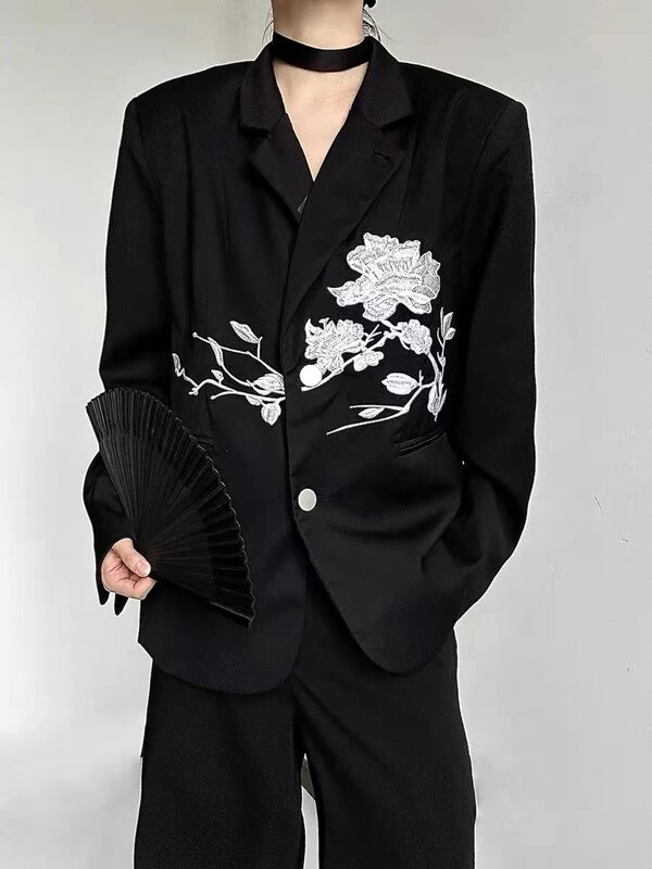 Blazer estilo Yamamoto para homens e mulheres, bordado rosa chinês, terno casual preto solto escuro, Design Sense, novo