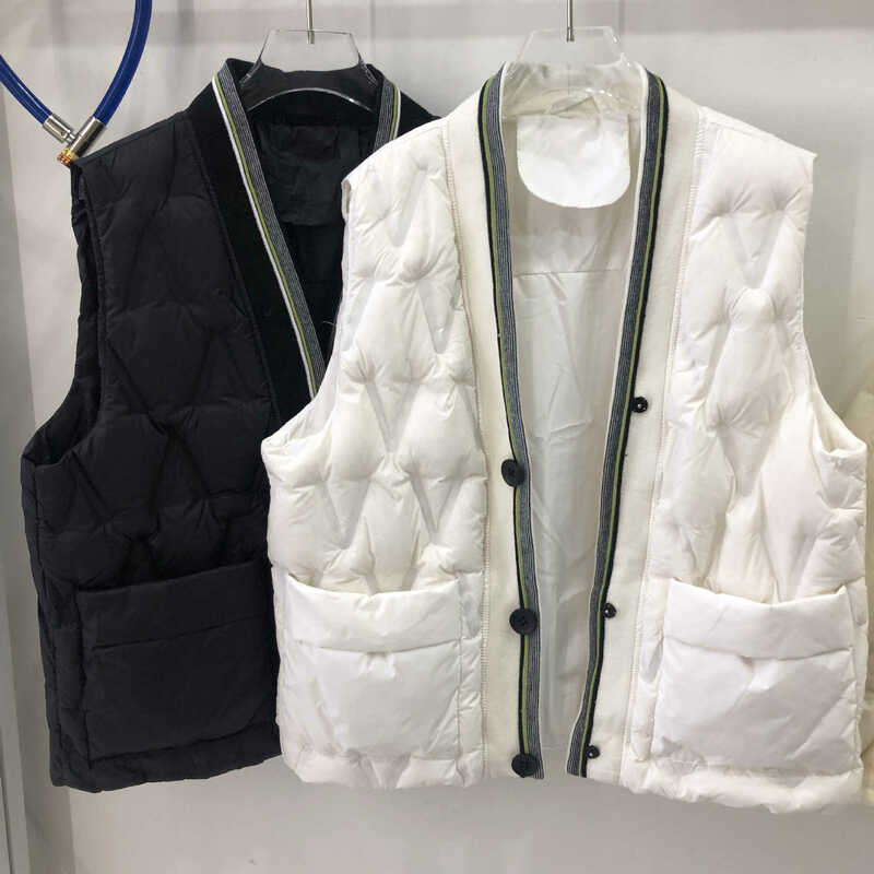 Jaqueta para baixo colete feminino curto outono e inverno solto com decote em v pato branco para baixo único breasted jaqueta