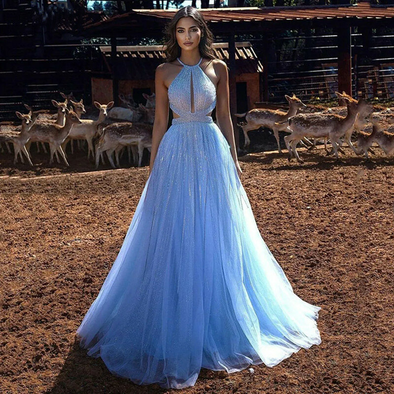 Aleeshuo Prinses Halter Lovertjes Tule Prom Dress Backless Avondjurk Elegant Licht Hemelsblauw Gelaagde Plooi Feestjurk 2024