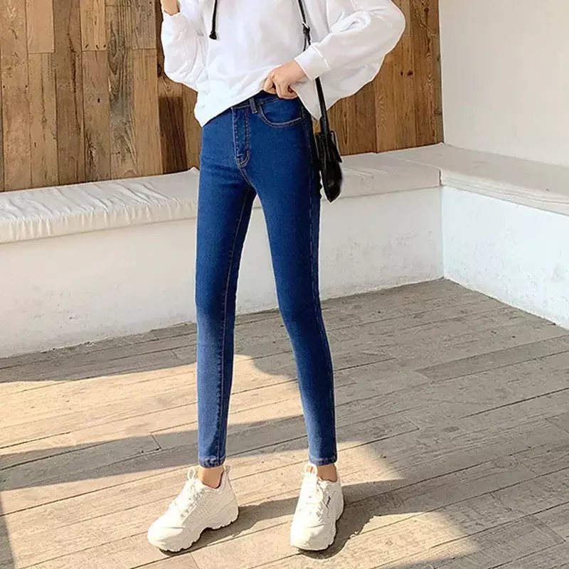 Celana panjang Jeans Denim wanita, celana Denim pinggang tinggi beludru hangat, celana pensil baru 30278 elastis ramping tebal untuk musim dingin