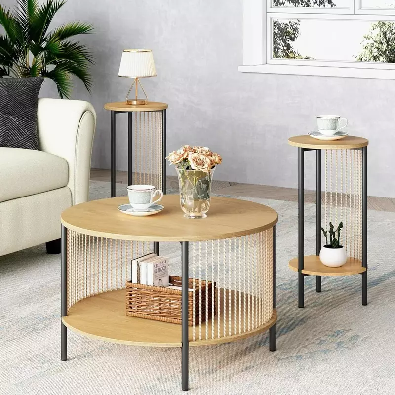 Set meja kopi 3, meja kopi rotan kayu bulat tali serat alami dan dua ujung dengan 2 tingkat, Meja Café
