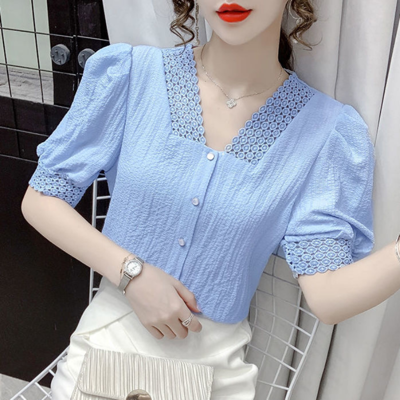 Hollow Out V Neck Lace Tops Tees Summer New Short Sleeve Button Solid Color Temperament T Shirts Sweet Fashion Women Clothing