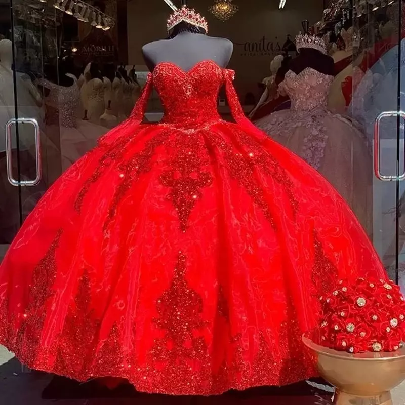 Luxus rot Schatz lange Ärmel Quince anera Kleid glitzernde Spitze für 15 Party formelle Ballkleid 16 Geburtstag Prinzessin Kleid