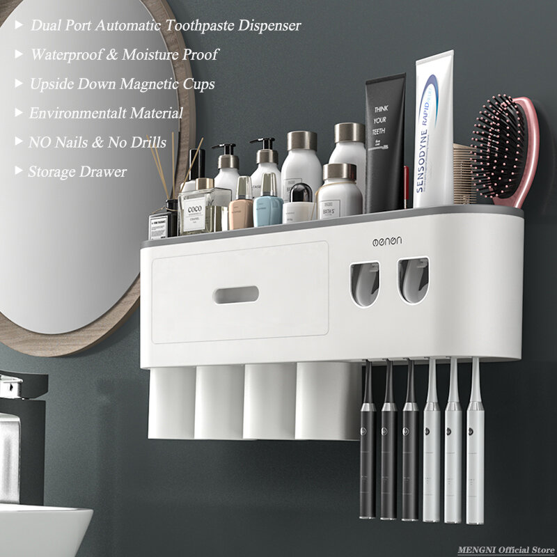 MENGNI- Adsorption Inverted Toothbrush Holder Wall -Automatic Toothpaste Squeezer Storage Rack Bathroom Accessories