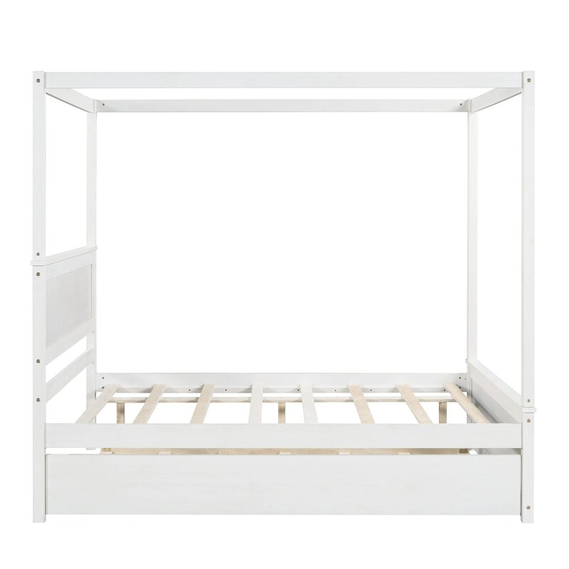 Wood Canopy Bed with Trundle Bed ,Full Size Canopy Platform bed With Support Slats .No Box Spring Needed, Brushed White