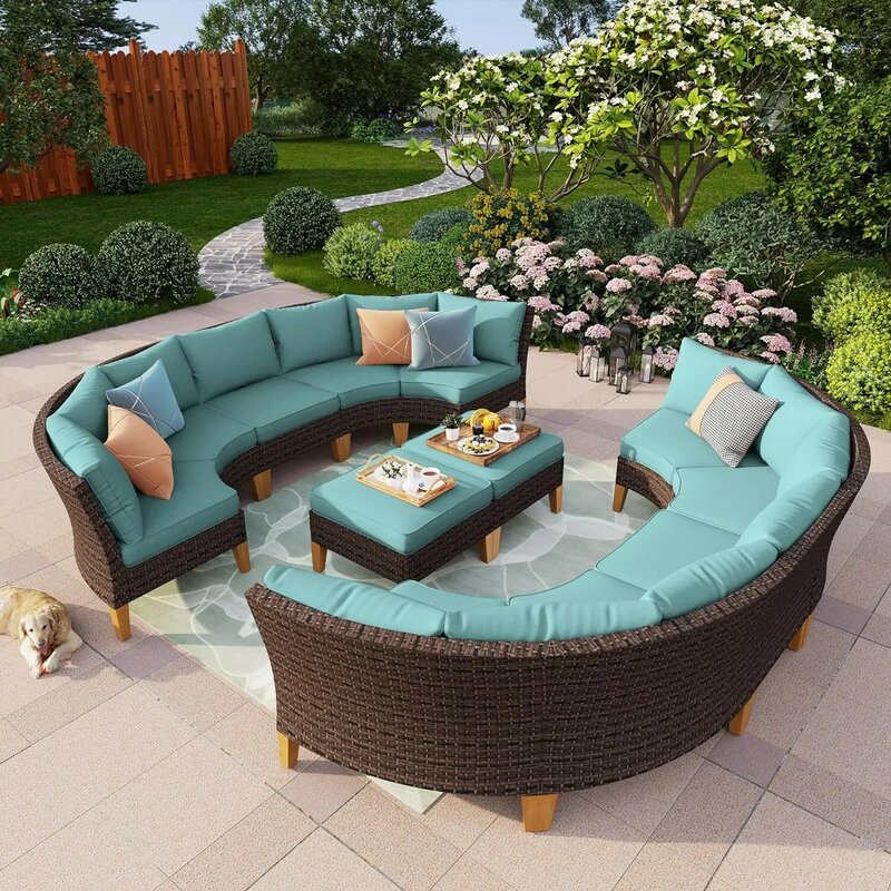 Conversation Set Half-Moon Curved Sectional Sofa Outdoor Oversized Waterproof Rattan Furniture Patio Set with Cushioned