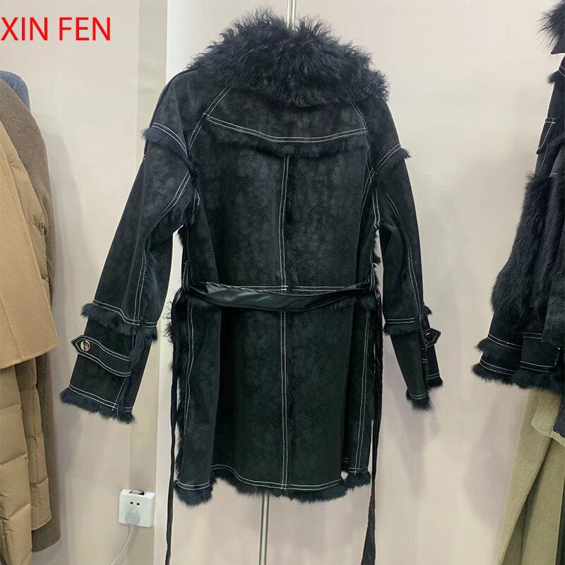 Sheepskin Coat For Women，Leather ，Winter 2023 Coat Fur For Rabbit Hair Lining Sheepskin Collar Luxurious Long Style