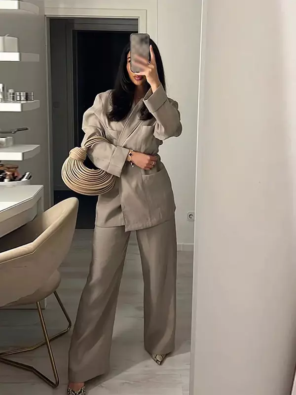 2024 Casual Women Solid loose Blazer Set elegant Lady Lapel Lace Up Long Sleeve Wide Leg Pants Suit Office Lady Commuting Outfit