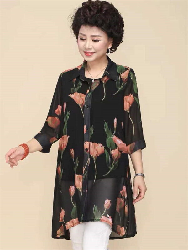 5XL Large Size Women Spring Summer Thin Blouses Shirts Lady Fashion Casual Half Sleeve Turn-down Flower Blusas Tops WY0507